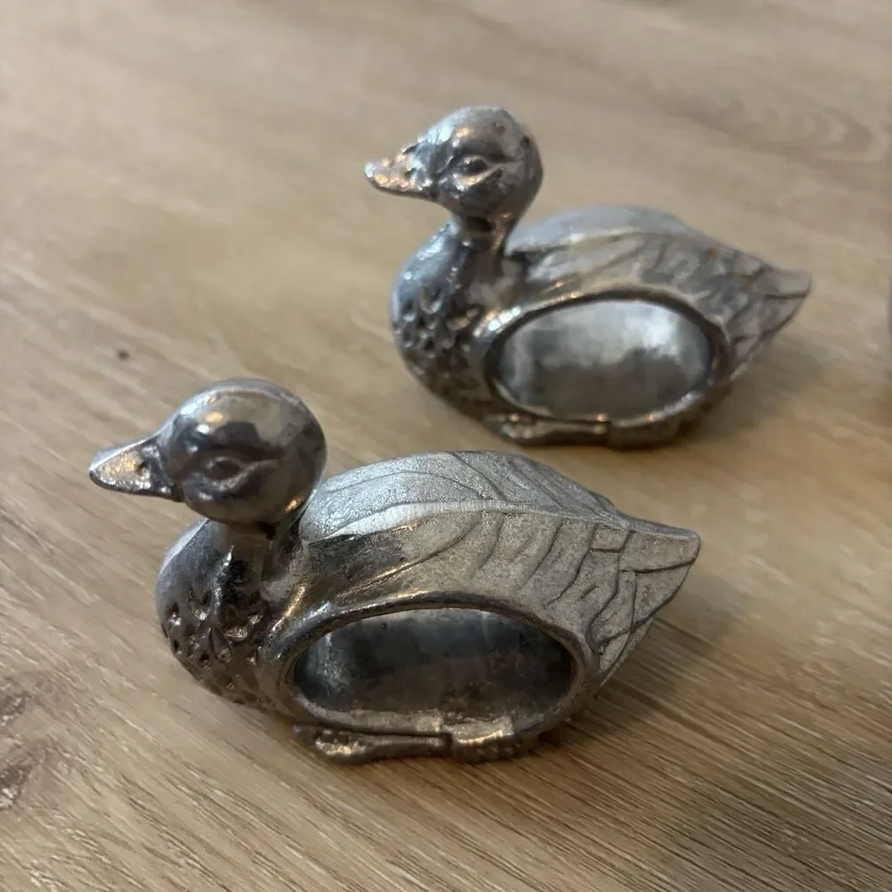 Vintage Pewter/ Metal Duck Napkin Rings Set 4 Grandmacore Cottagecore TableDecor